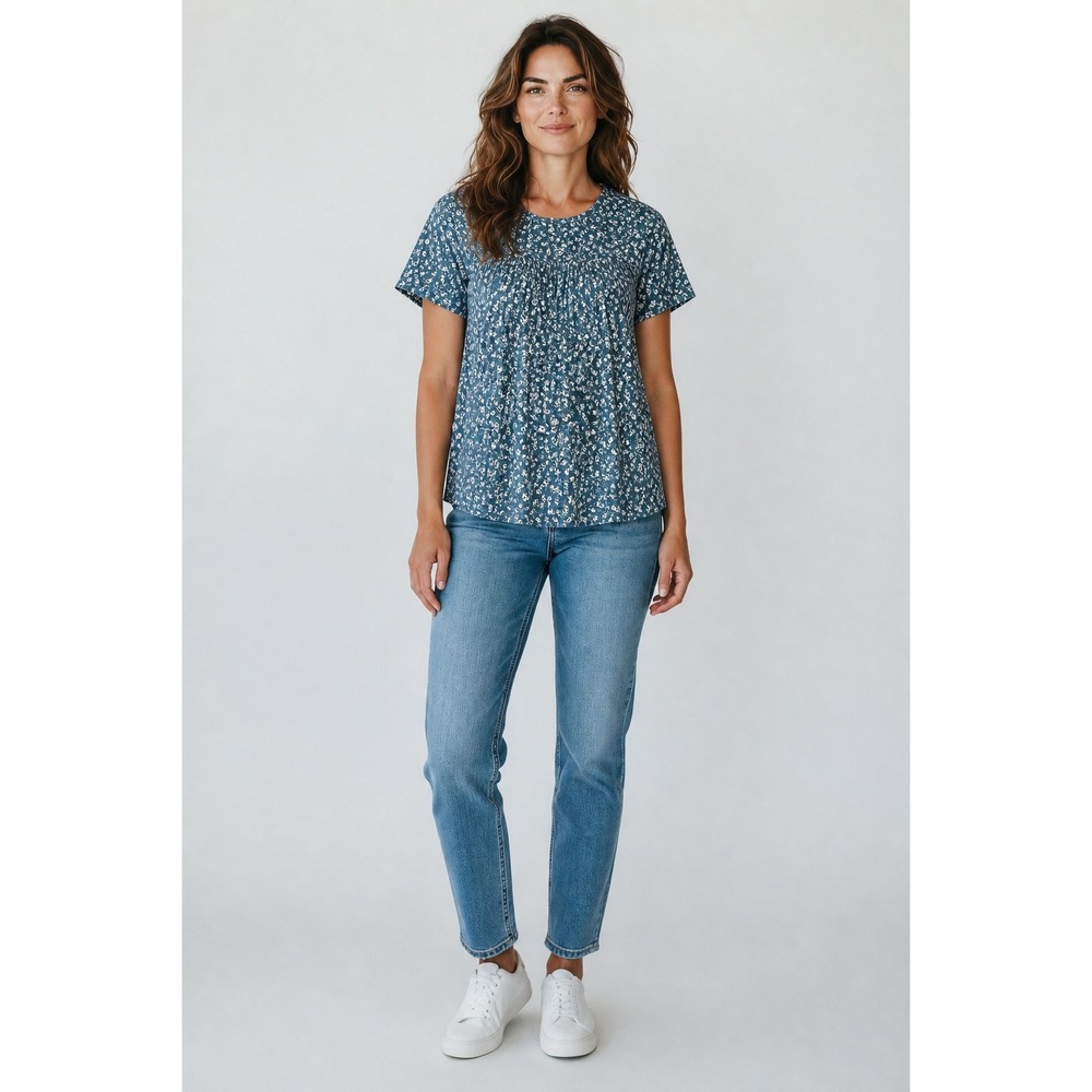 Bloomchic Womens Floral Smocked Blouse Teal Blue Short Sleeve Plus Size 14-16